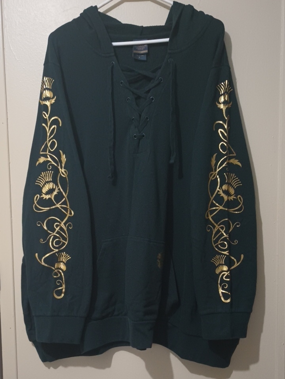 Outlander Lace-Up Hooded Pullover Sweater with Gold Sleeve Motif Dark Green